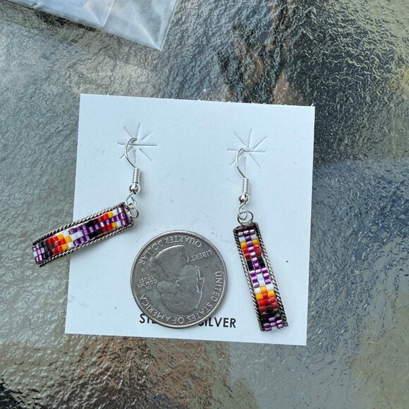 Navajo Handmade Sterling Silver Beaded Dangle Earrings Lucille Romone gift NWT - Picture 4 of 6